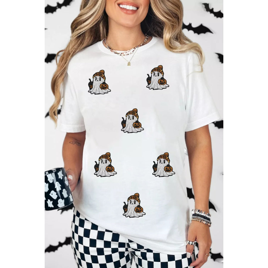 Full Size Halloween Sequin Ghost Print Short Sleeve Casual T-Shirt Plus Size White / S Apparel and Accessories