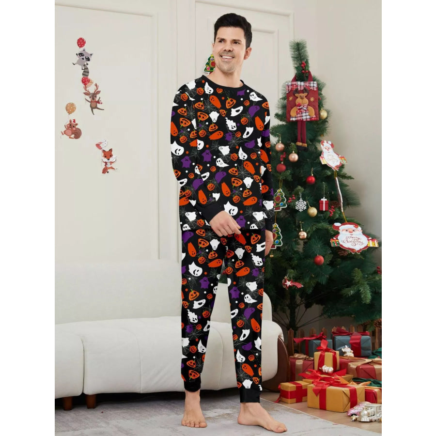 Full Size Halloween Themed Family Matching Pajama Set with Ghost and Pumpkin Print Plus Apparel Accessories