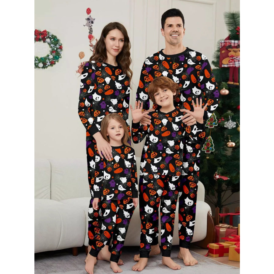 Full Size Halloween Themed Family Matching Pajama Set with Ghost and Pumpkin Print Plus Apparel Accessories