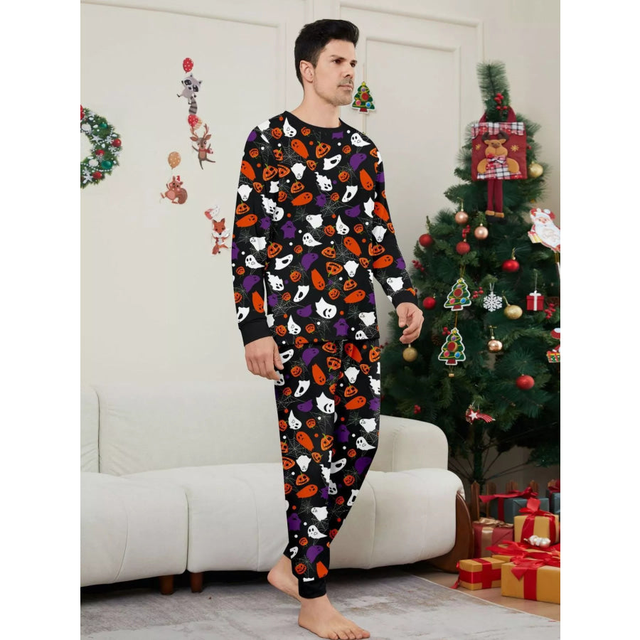 Full Size Halloween Themed Family Matching Pajama Set with Ghost and Pumpkin Print Plus Apparel Accessories