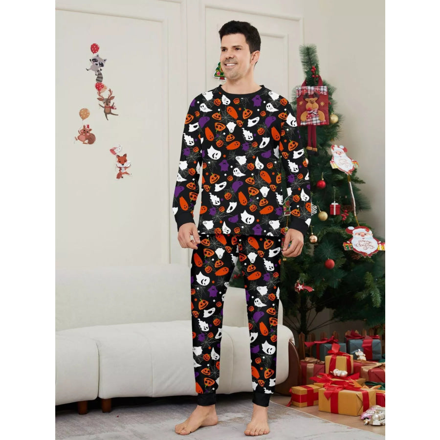 Full Size Halloween Themed Family Matching Pajama Set with Ghost and Pumpkin Print Plus Dad / S Apparel Accessories