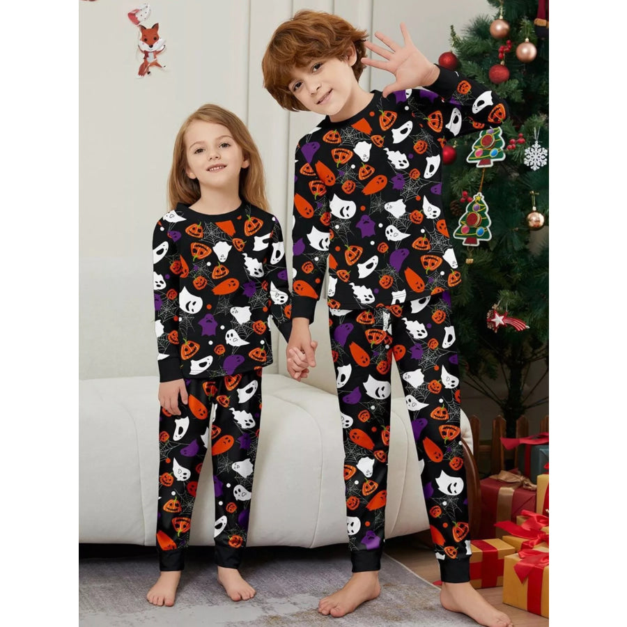 Full Size Halloween Themed Family Matching Pajama Set with Ghost and Pumpkin Print Plus Kid / S Apparel Accessories