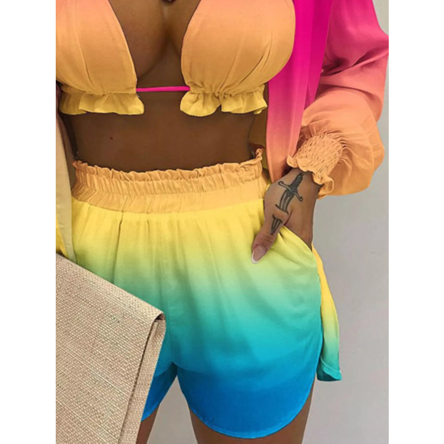 Full Size Halter Neck Cami & Shirt & Shorts 3-Piece Outfit Set Plus Size Apparel and Accessories