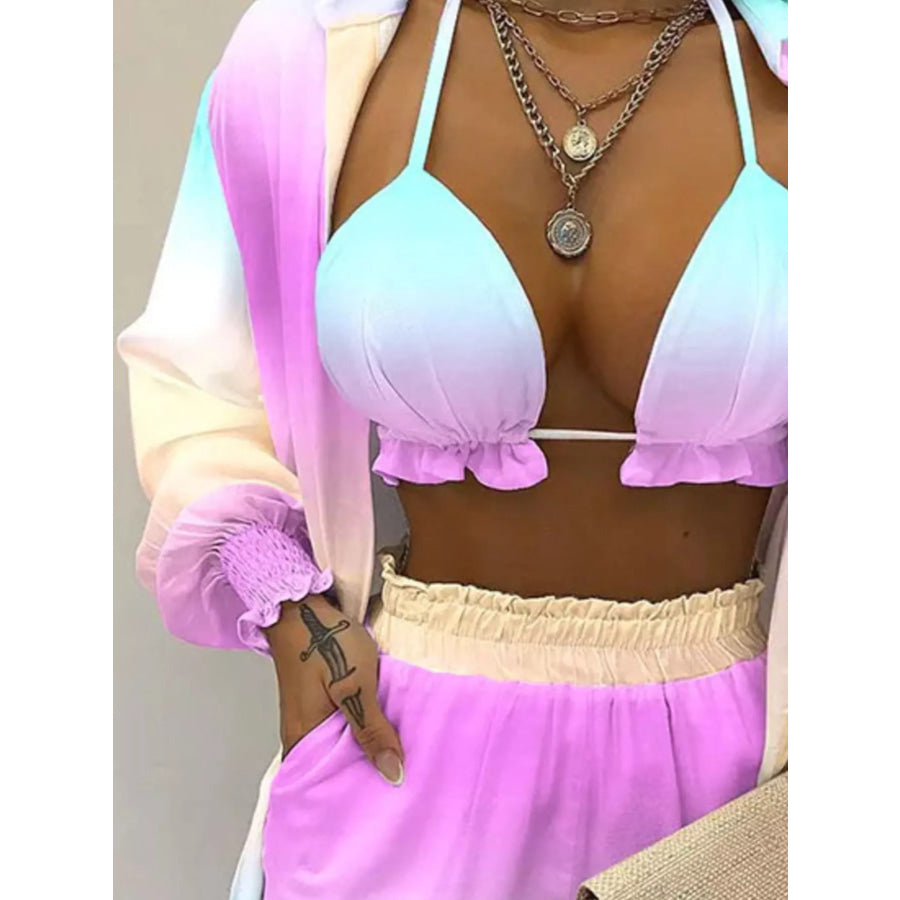 Full Size Halter Neck Cami & Shirt & Shorts 3-Piece Outfit Set Plus Size Apparel and Accessories