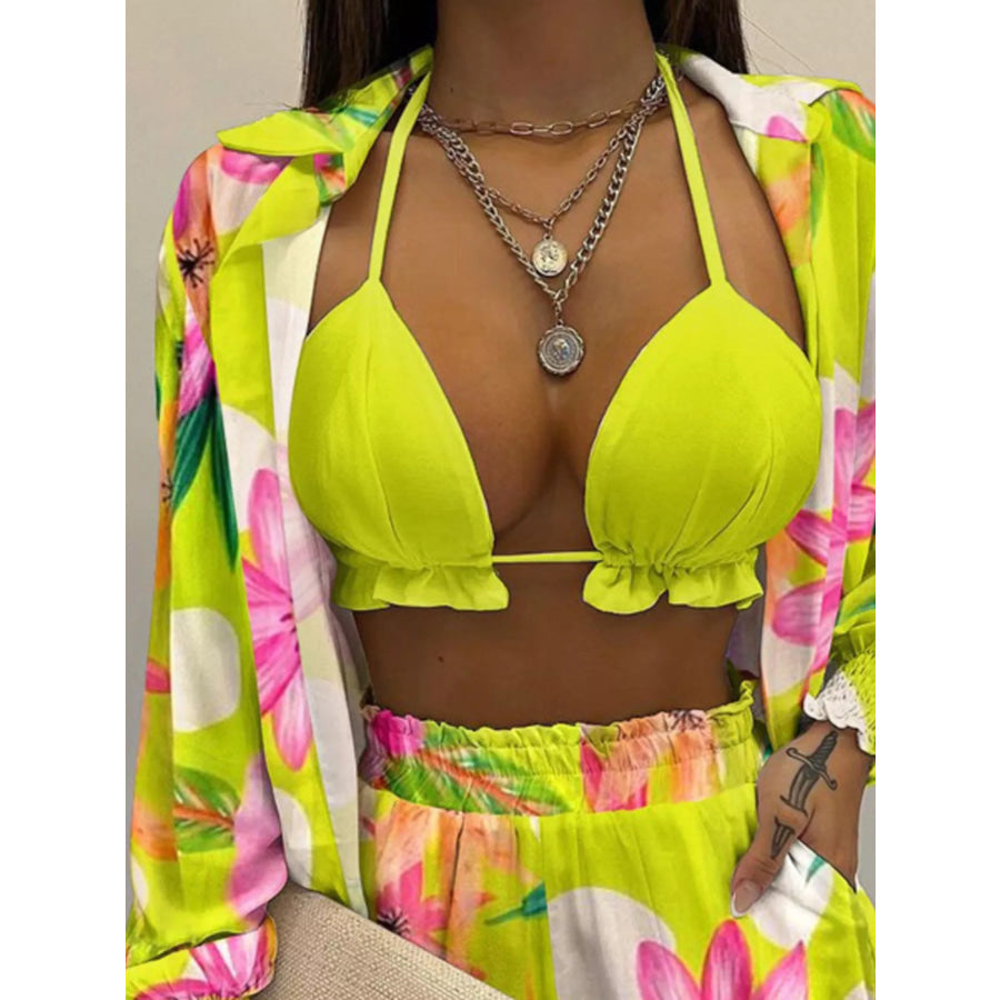 Full Size Halter Neck Cami & Shirt & Shorts 3-Piece Outfit Set Plus Size Apparel and Accessories
