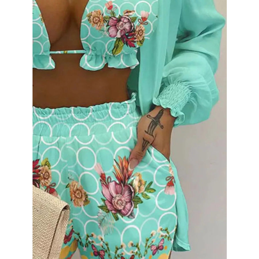 Full Size Halter Neck Cami & Shirt & Shorts 3-Piece Outfit Set Plus Size Apparel and Accessories