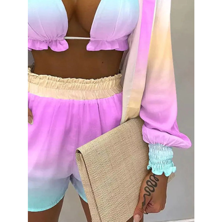 Full Size Halter Neck Cami & Shirt & Shorts 3-Piece Outfit Set Plus Size Apparel and Accessories