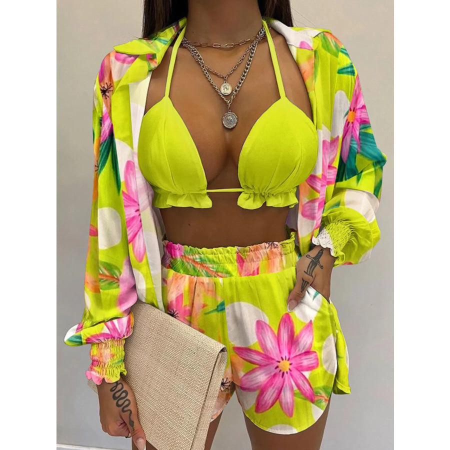 Full Size Halter Neck Cami & Shirt & Shorts 3-Piece Outfit Set Plus Size Chartreuse / S Apparel and Accessories