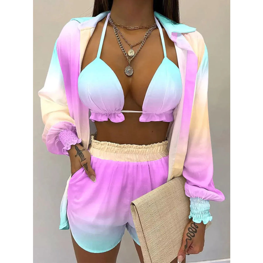 Full Size Halter Neck Cami & Shirt & Shorts 3-Piece Outfit Set Plus Size Heliotrope Purple / S Apparel and Accessories