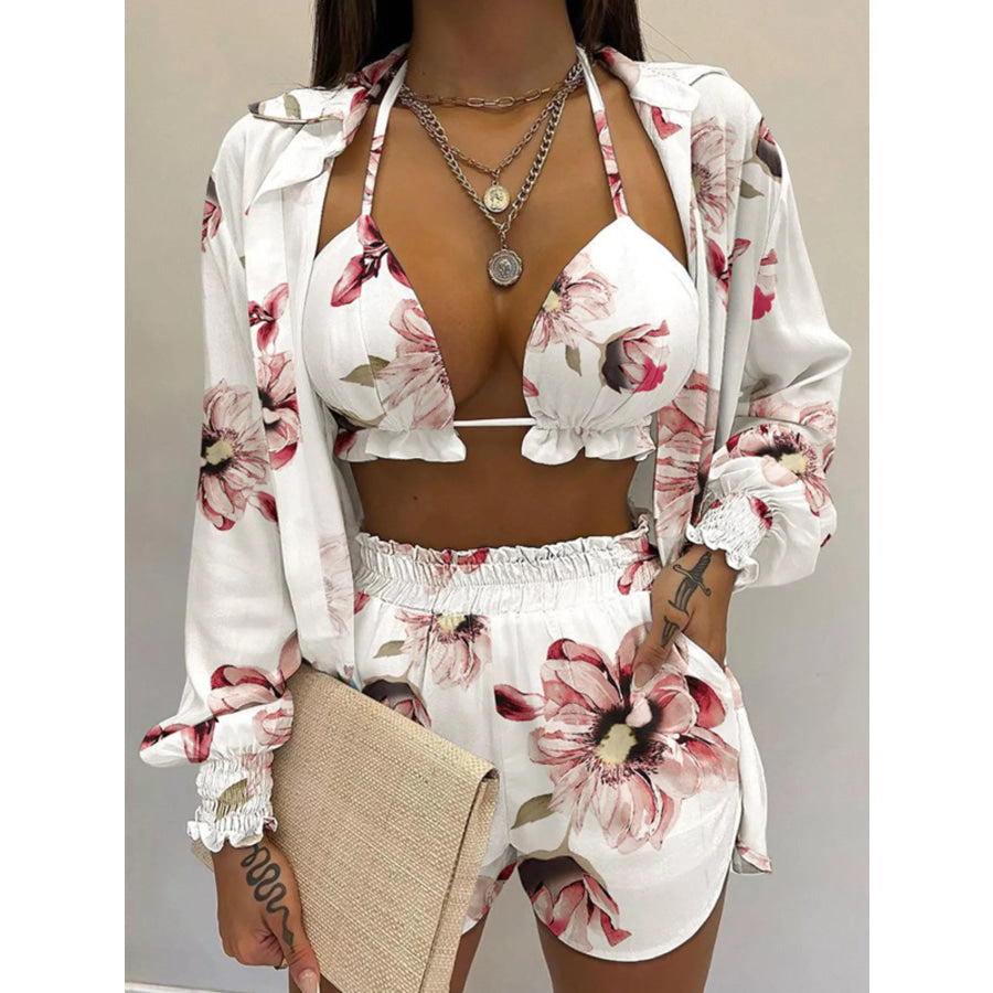 Full Size Halter Neck Cami & Shirt & Shorts 3-Piece Outfit Set Plus Size Ivory / S Apparel and Accessories