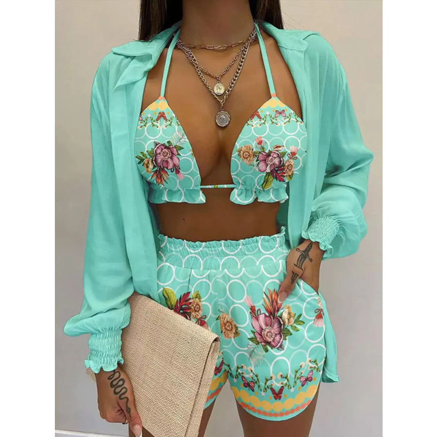 Full Size Halter Neck Cami & Shirt & Shorts 3-Piece Outfit Set Plus Size Mint Blue / S Apparel and Accessories
