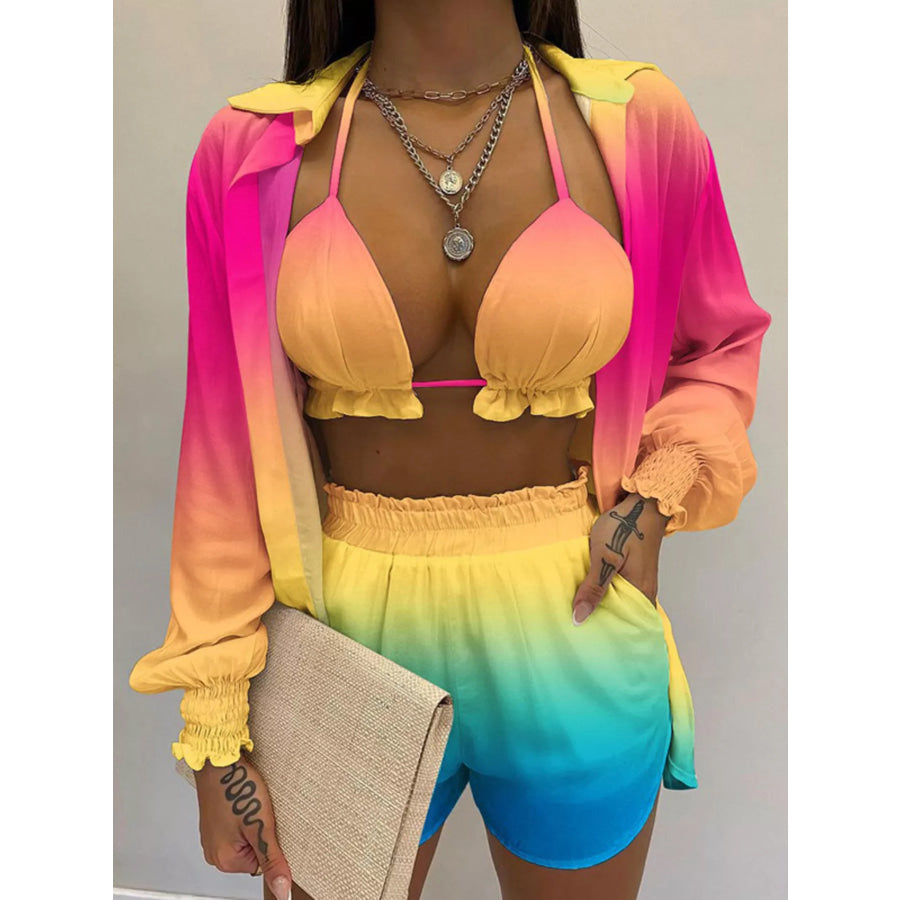 Full Size Halter Neck Cami & Shirt & Shorts 3-Piece Outfit Set Plus Size Orange-Red / S Apparel and Accessories
