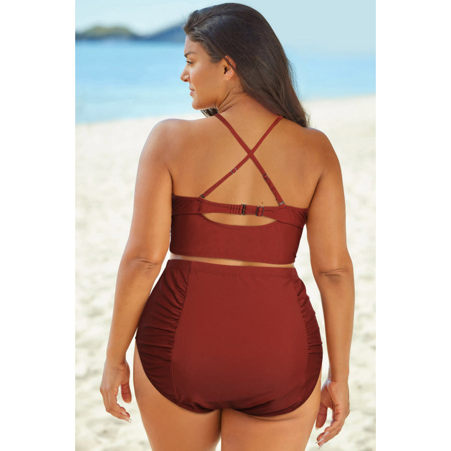 Full Size Halter Neck Crisscross Ruched Two-Piece Swimsuit Apparel and Accessories