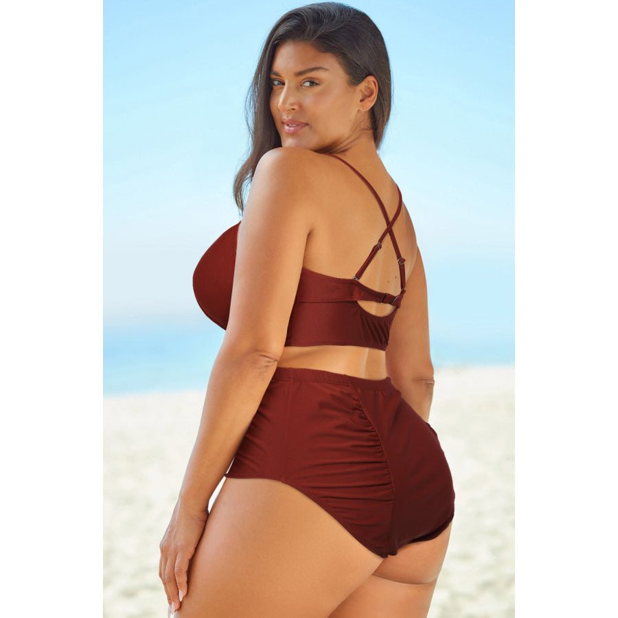 Full Size Halter Neck Crisscross Ruched Two-Piece Swimsuit Apparel and Accessories