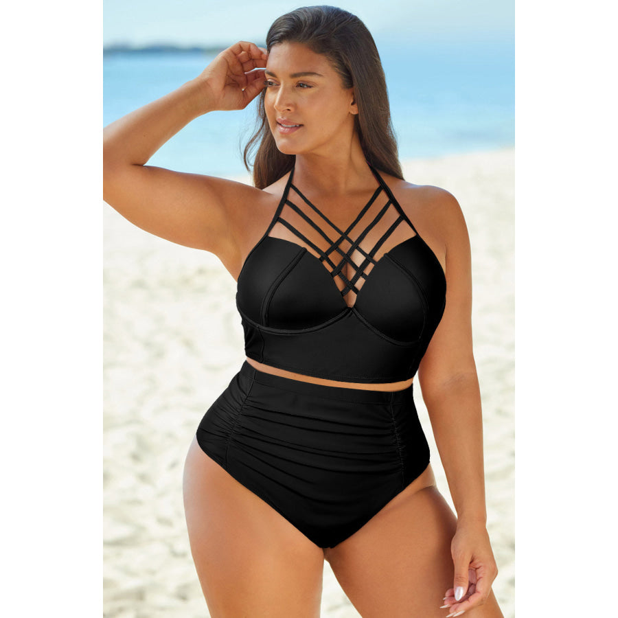 Full Size Halter Neck Crisscross Ruched Two-Piece Swimsuit Black / M Apparel and Accessories