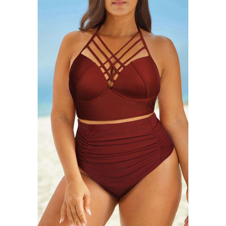 Full Size Halter Neck Crisscross Ruched Two-Piece Swimsuit Rust / M Apparel and Accessories