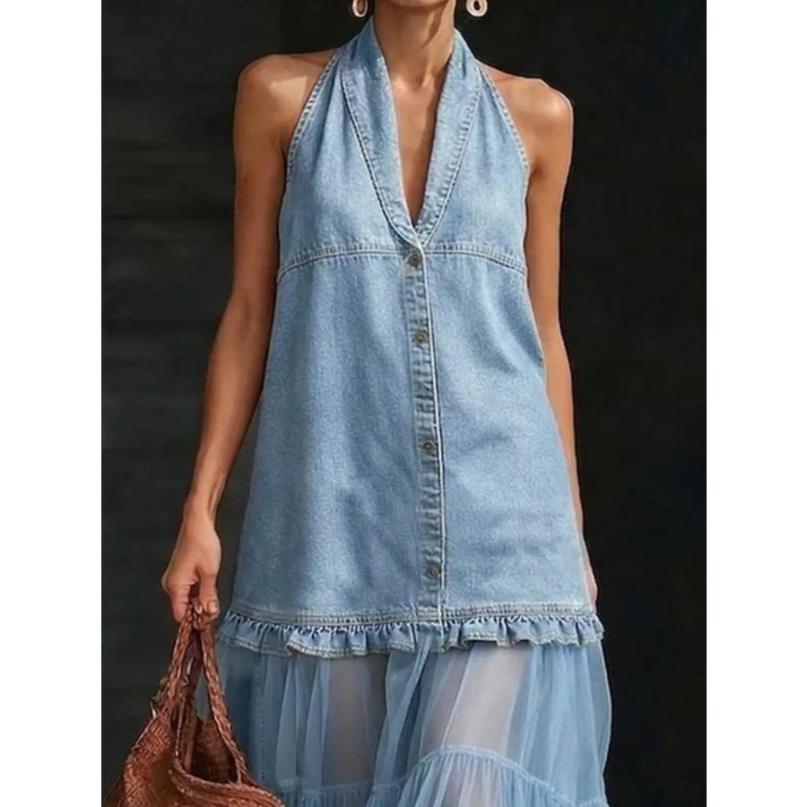 Full Size Halter Neck Dress with Sheer Tulle Ruffle Hem Plus Apparel and Accessories