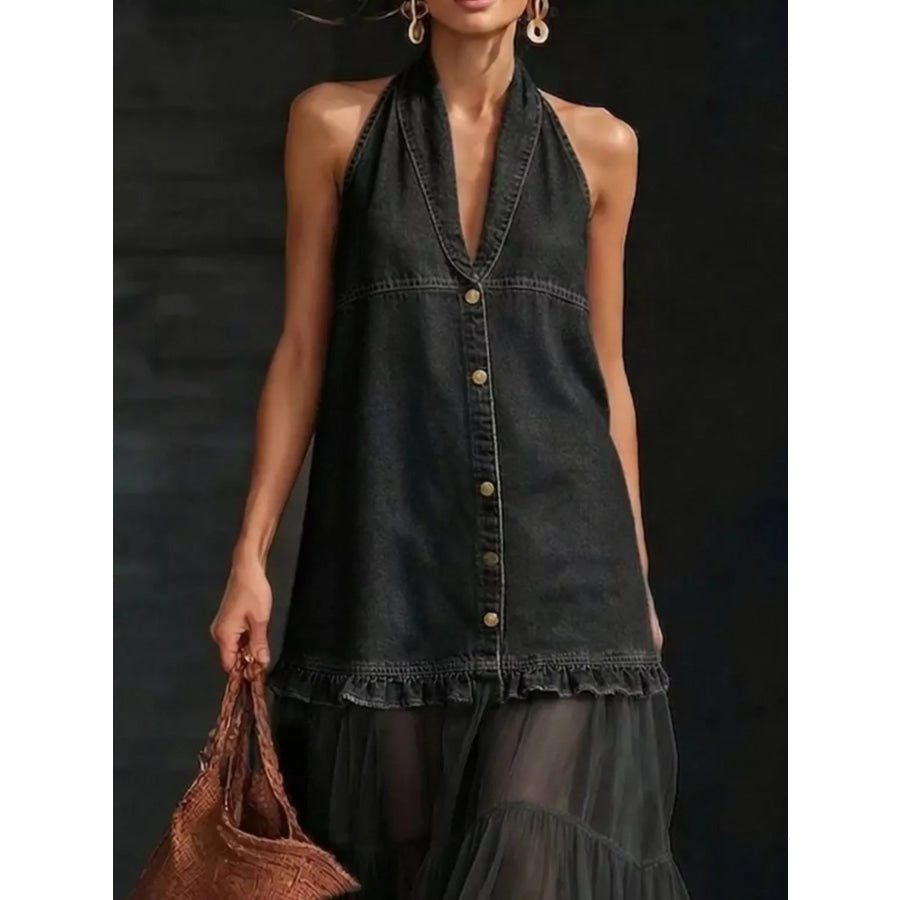 Full Size Halter Neck Dress with Sheer Tulle Ruffle Hem Plus Apparel and Accessories