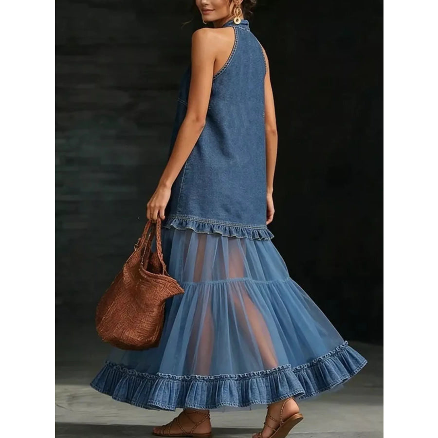 Full Size Halter Neck Dress with Sheer Tulle Ruffle Hem Plus Apparel and Accessories