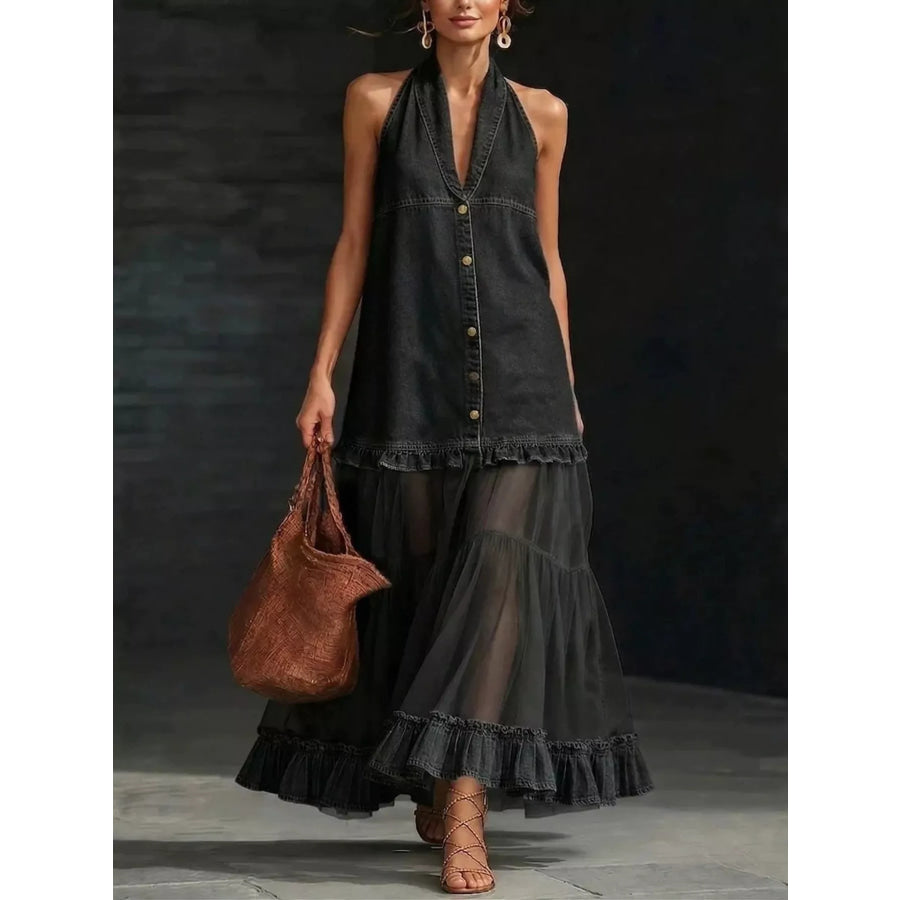 Full Size Halter Neck Dress with Sheer Tulle Ruffle Hem Plus Black / S Apparel and Accessories