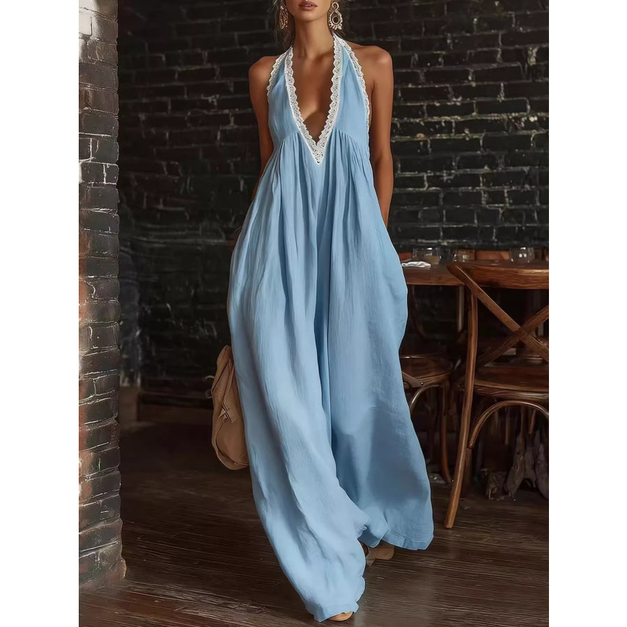 Full Size Halter Neck Lace Trim Wide Leg Jumpsuit Plus Size Apparel and Accessories