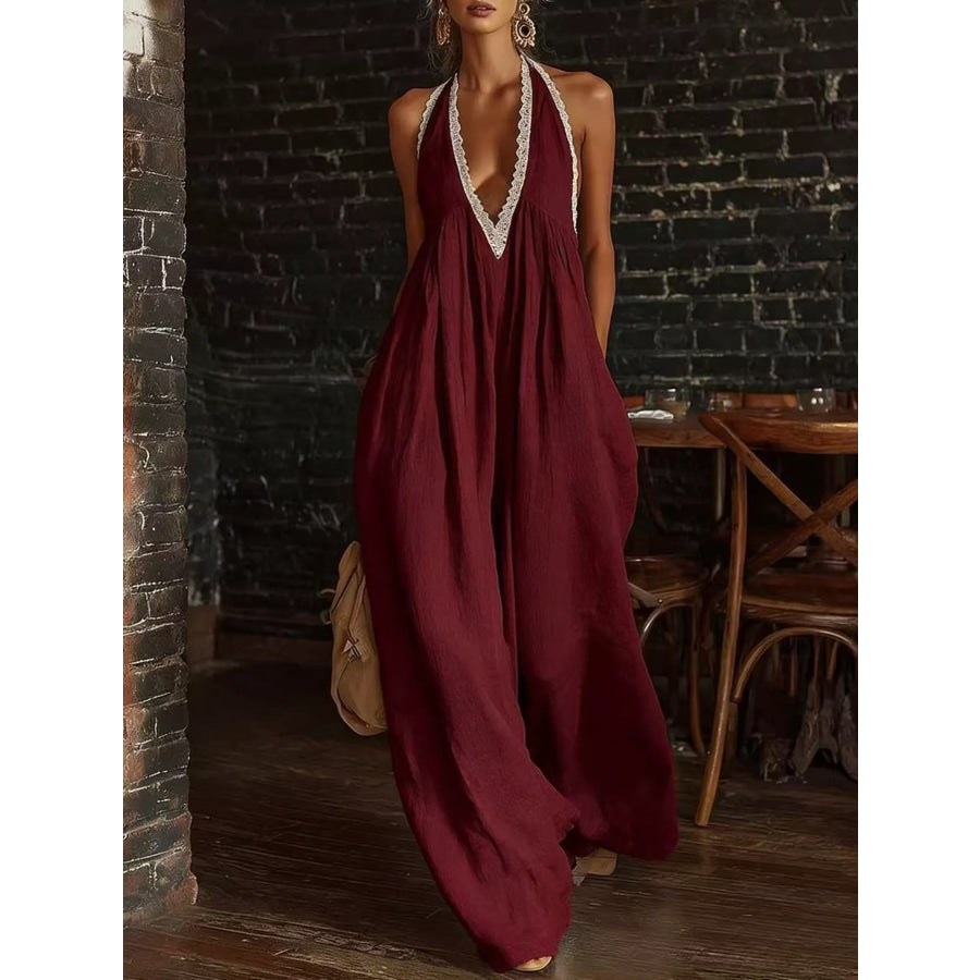 Full Size Halter Neck Lace Trim Wide Leg Jumpsuit Plus Size Apparel and Accessories