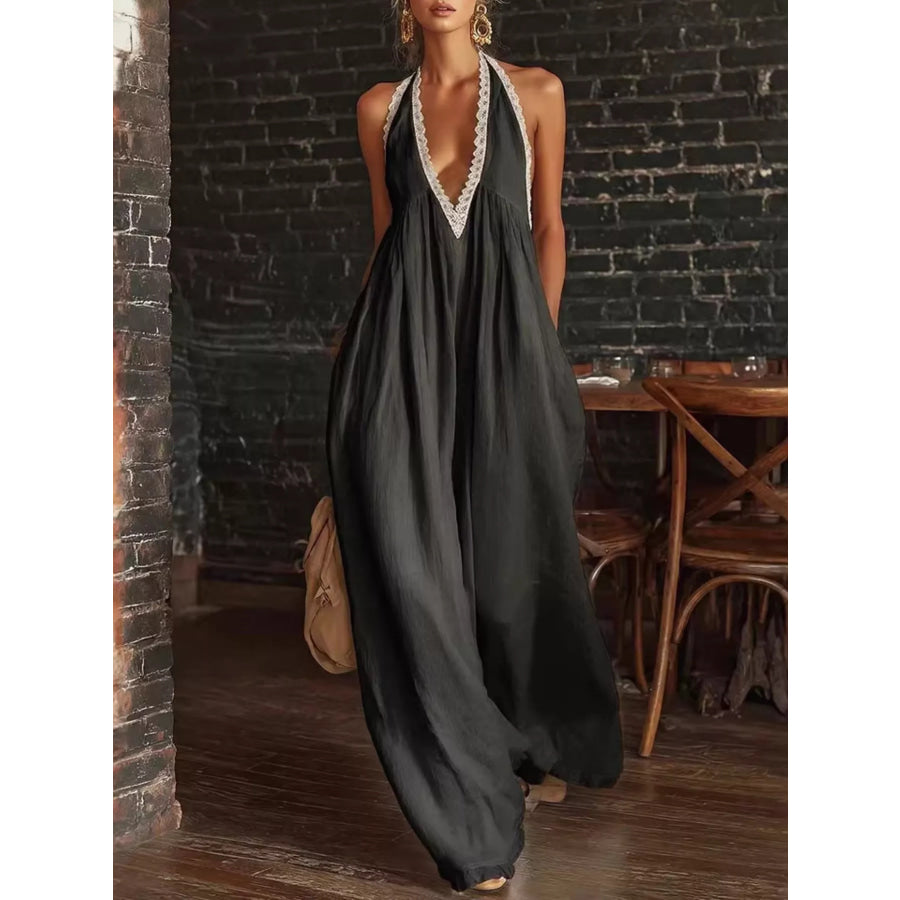 Full Size Halter Neck Lace Trim Wide Leg Jumpsuit Plus Size Apparel and Accessories