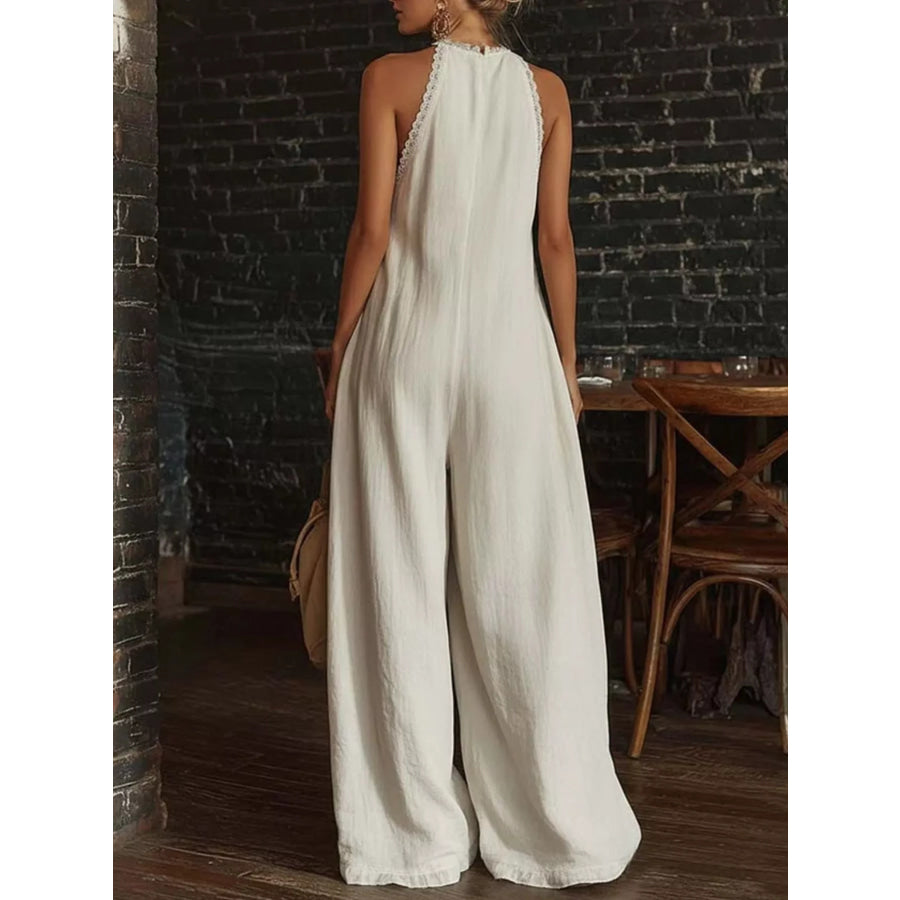 Full Size Halter Neck Lace Trim Wide Leg Jumpsuit Plus Size Apparel and Accessories