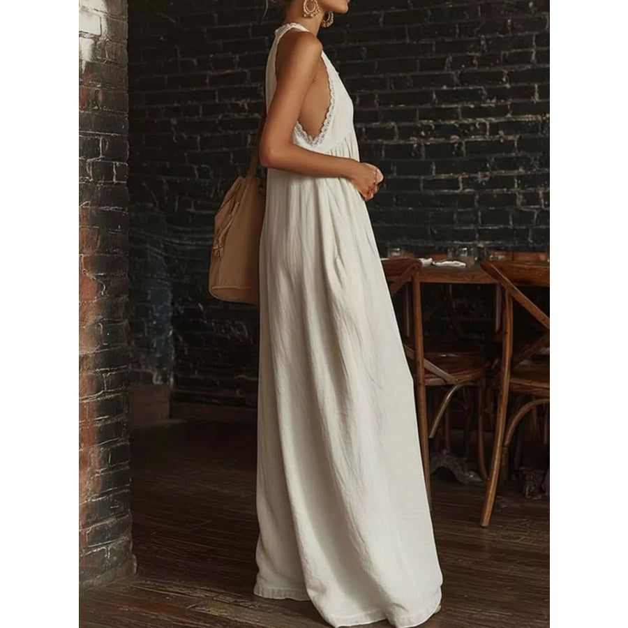 Full Size Halter Neck Lace Trim Wide Leg Jumpsuit Plus Size Apparel and Accessories