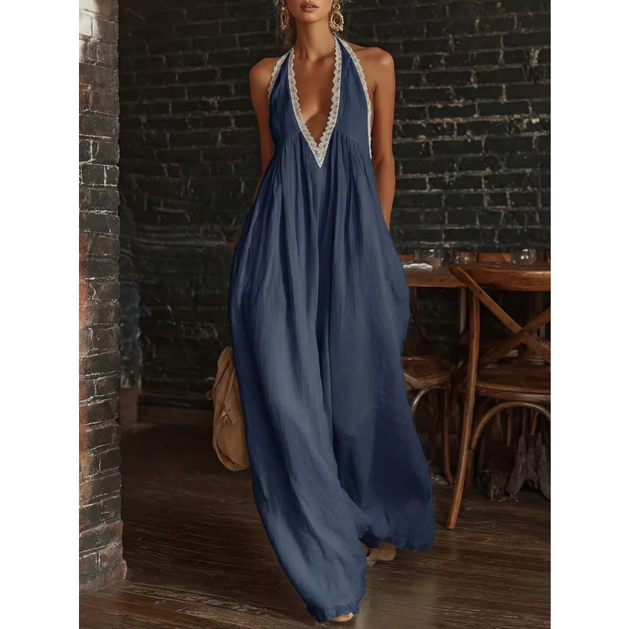 Full Size Halter Neck Lace Trim Wide Leg Jumpsuit Plus Size Navy Blue / S Apparel and Accessories