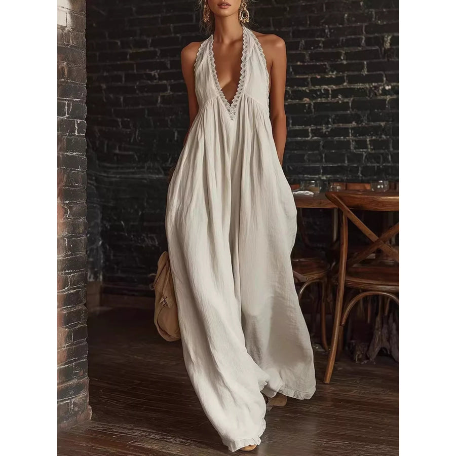 Full Size Halter Neck Lace Trim Wide Leg Jumpsuit Plus Size White / S Apparel and Accessories
