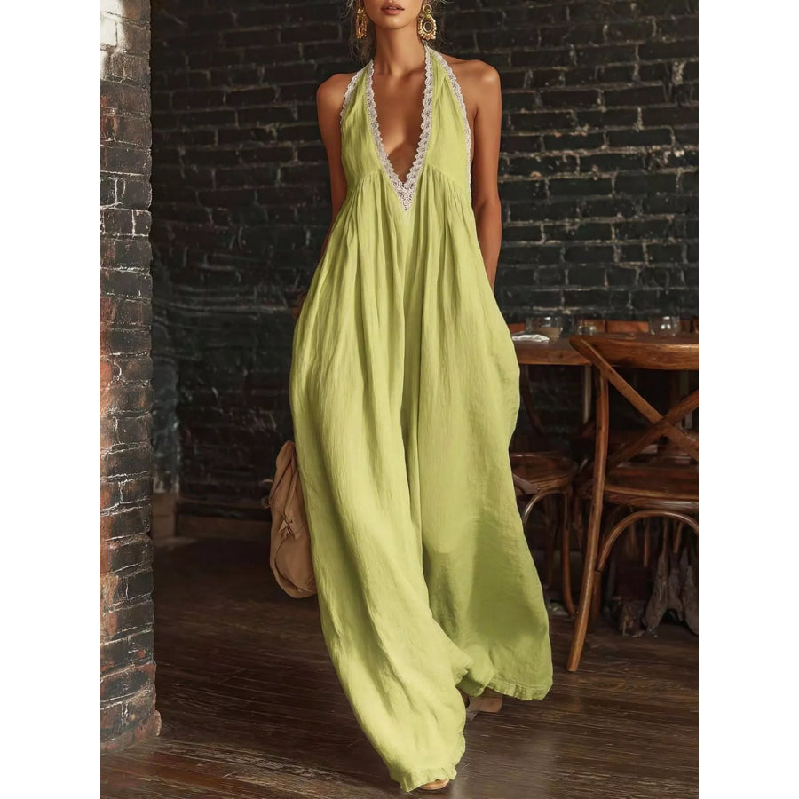 Full Size Halter Neck Lace Trim Wide Leg Jumpsuit Plus Size Yellow Green / S Apparel and Accessories