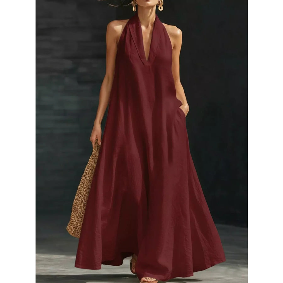 Full Size Halter Neck Sleeveless Maxi Dress Plus Size Burgundy / S Apparel and Accessories