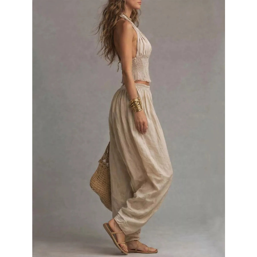 Full Size Halter Neck Top and Wide-Leg Harem Pants Two-Piece Set Plus Apparel Accessories