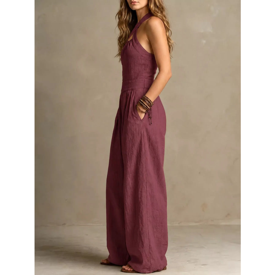 Full Size Halter Neck Wide-Leg Jumpsuit Plus Apparel and Accessories