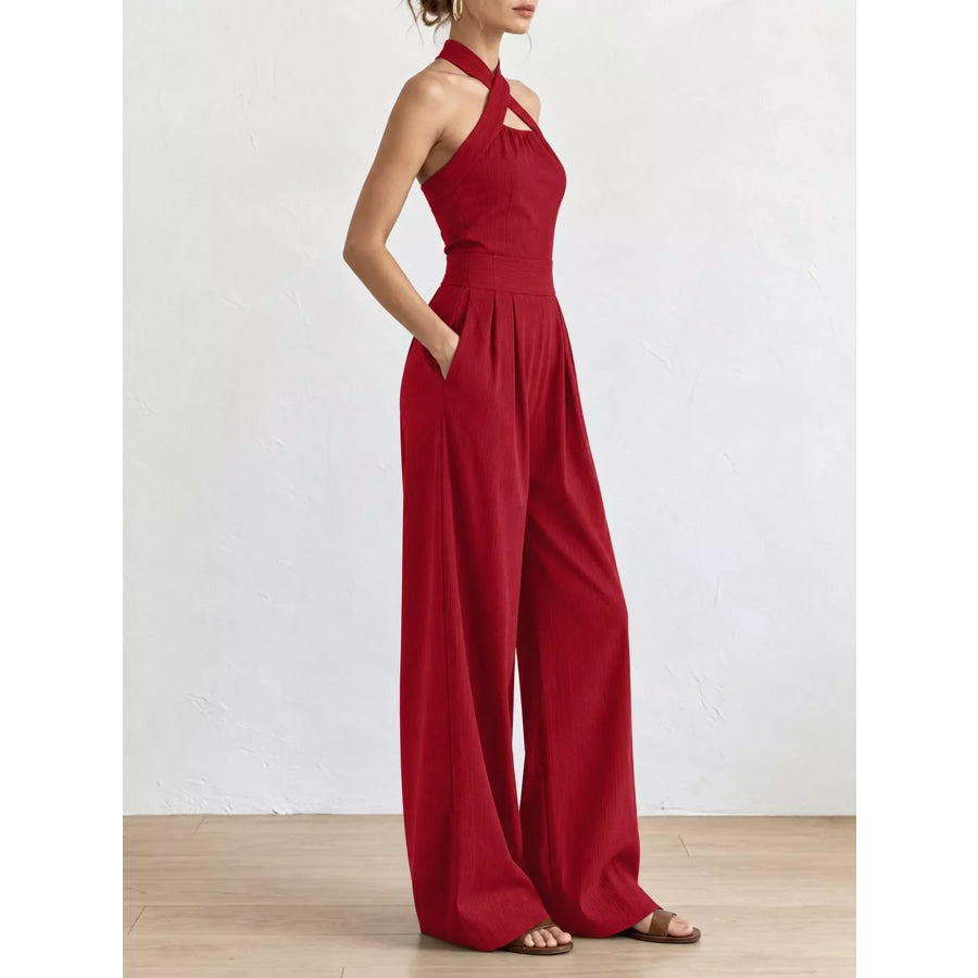 Full Size Halter Neck Wide-Leg Jumpsuit Plus Apparel and Accessories