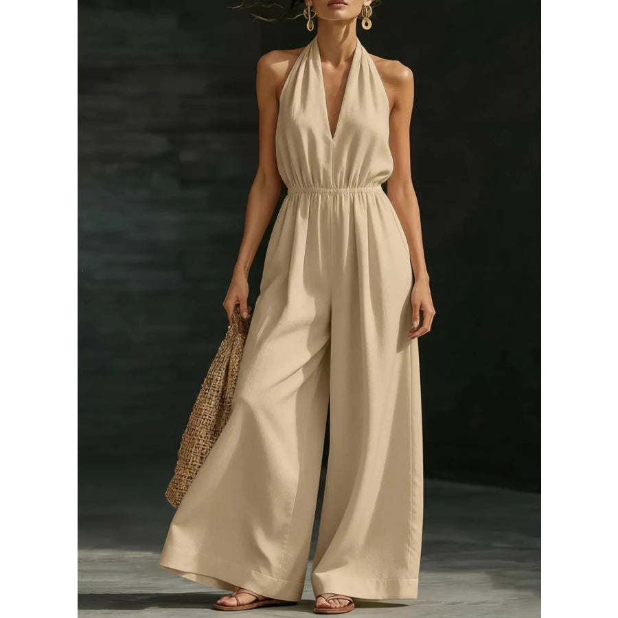 Full Size Halter Neck Wide-Leg Jumpsuit Plus Size Apricot / S Apparel and Accessories