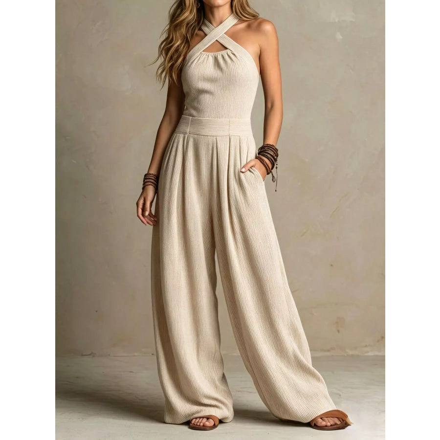 Full Size Halter Neck Wide-Leg Jumpsuit Plus Beige / S Apparel and Accessories