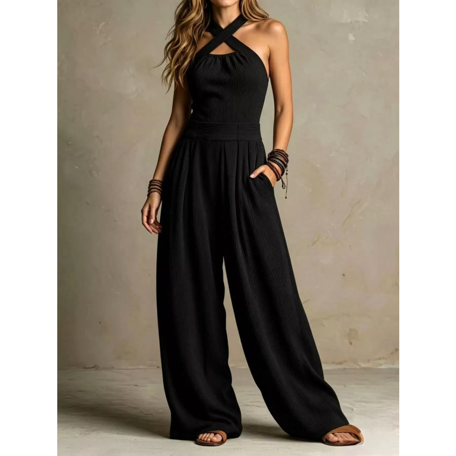 Full Size Halter Neck Wide-Leg Jumpsuit Plus Black / S Apparel and Accessories