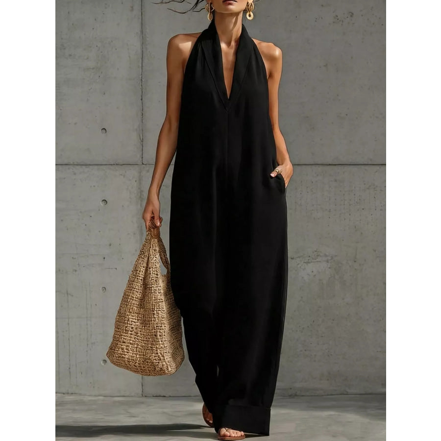 Full Size Halter Neck Wide-Leg Jumpsuit Plus Black / S Apparel and Accessories
