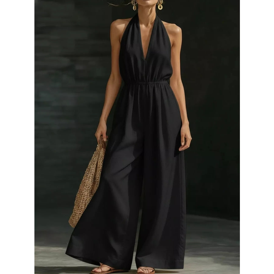 Full Size Halter Neck Wide-Leg Jumpsuit Plus Size Black / S Apparel and Accessories
