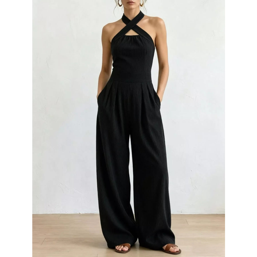 Full Size Halter Neck Wide-Leg Jumpsuit Plus Black / S Apparel and Accessories
