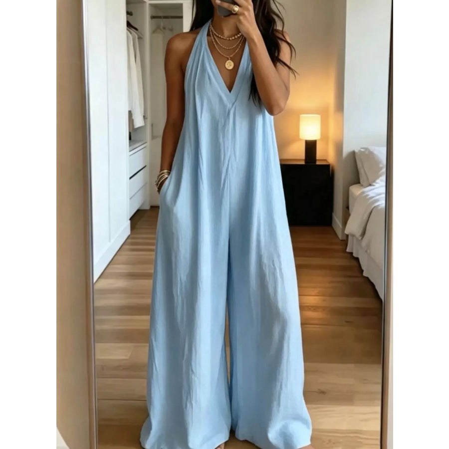 Full Size Halter Neck Wide-Leg Jumpsuit Plus Size Blue / S Apparel and Accessories