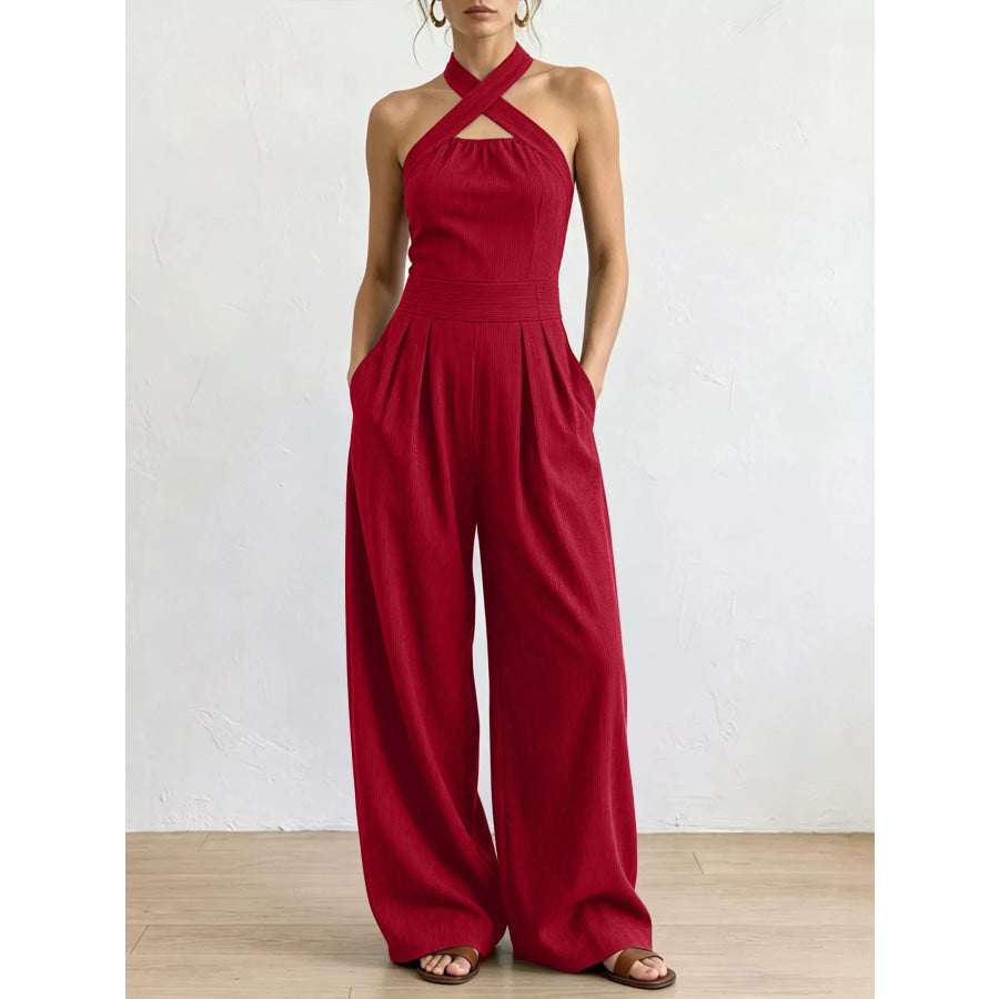Full Size Halter Neck Wide-Leg Jumpsuit Plus Brick Red / S Apparel and Accessories