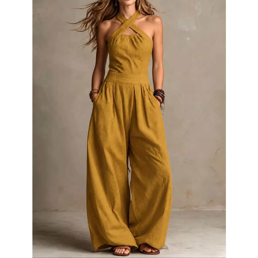 Full Size Halter Neck Wide-Leg Jumpsuit Plus Brown / S Apparel and Accessories