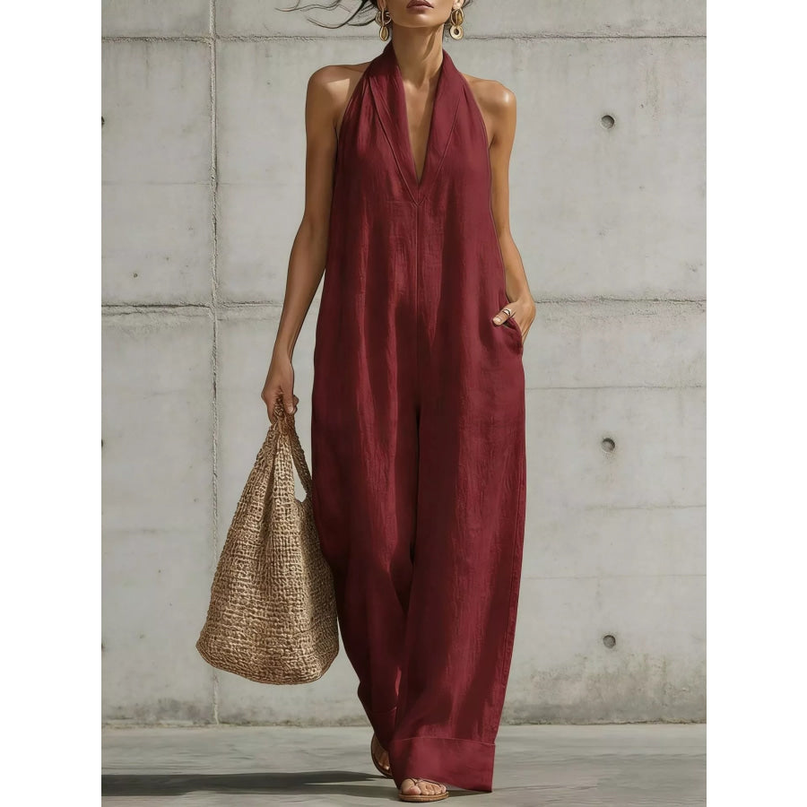 Full Size Halter Neck Wide-Leg Jumpsuit Plus Burgundy / S Apparel and Accessories