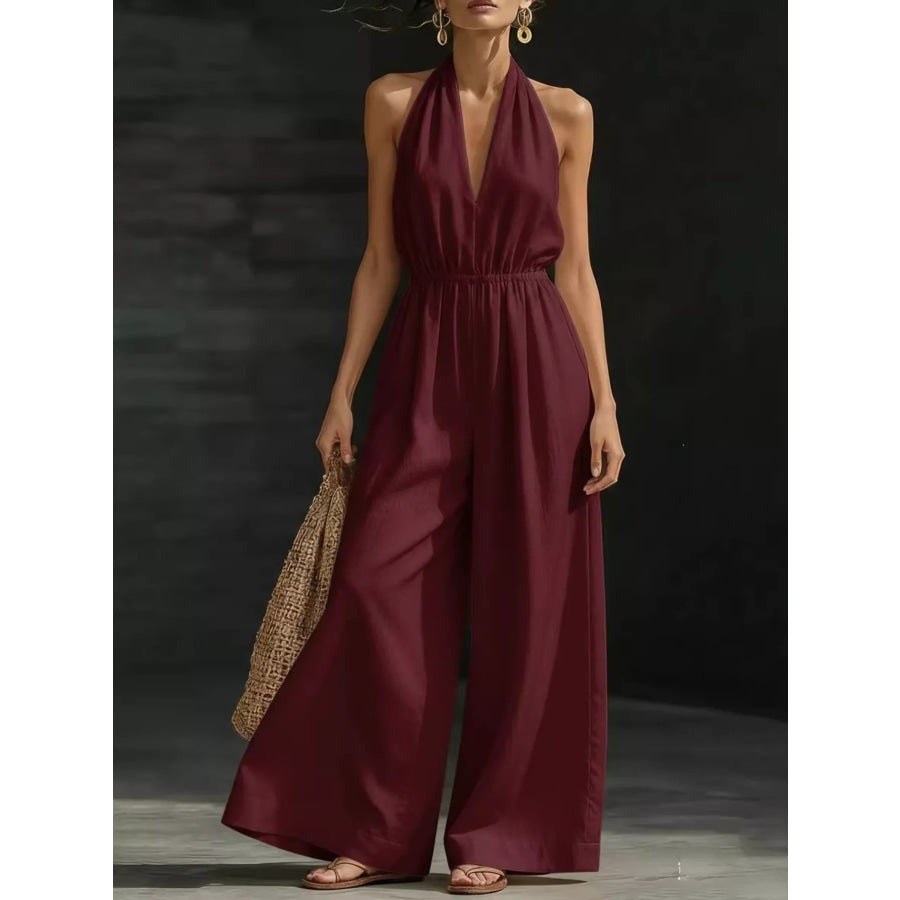 Full Size Halter Neck Wide-Leg Jumpsuit Plus Size Burgundy / S Apparel and Accessories
