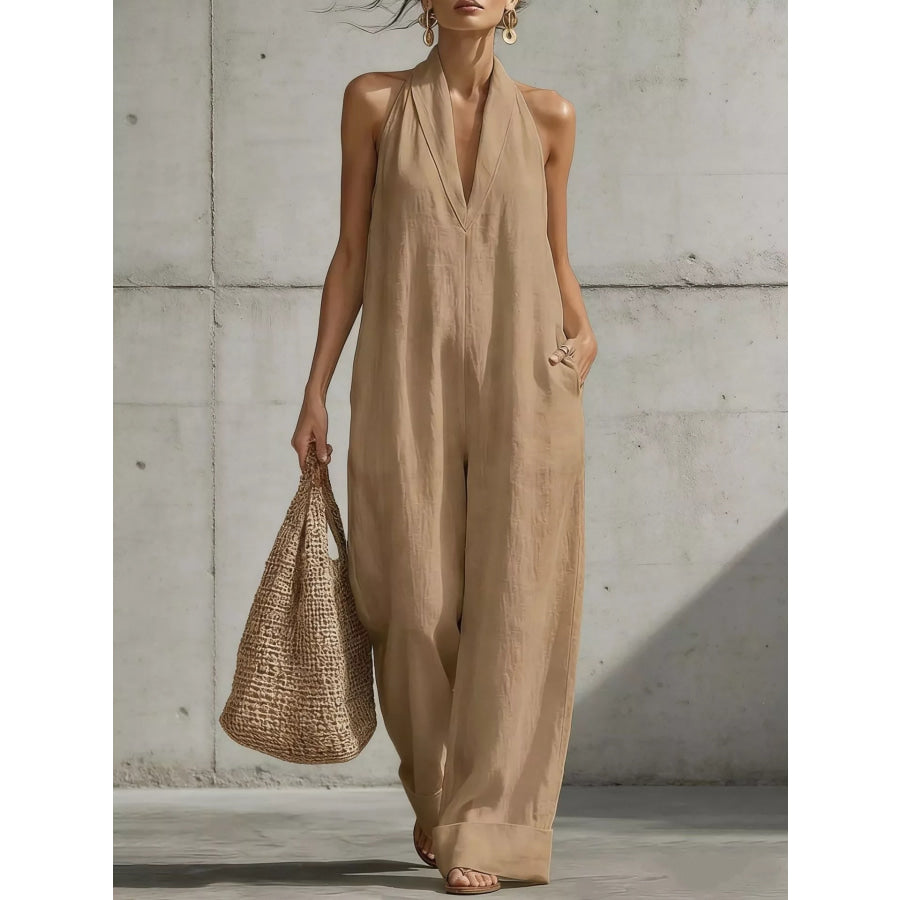 Full Size Halter Neck Wide-Leg Jumpsuit Plus Camel / S Apparel and Accessories