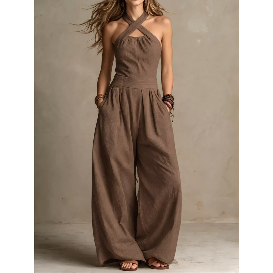 Full Size Halter Neck Wide-Leg Jumpsuit Plus Coffee / S Apparel and Accessories