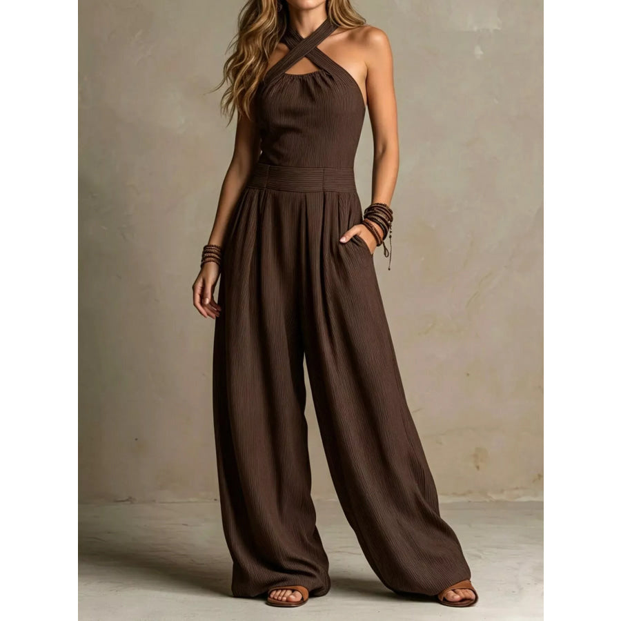 Full Size Halter Neck Wide-Leg Jumpsuit Plus Dark Brown / S Apparel and Accessories